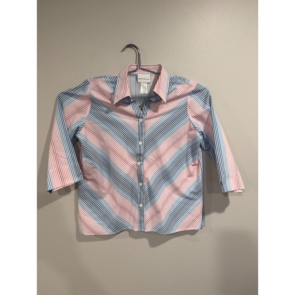 Alfred Dunner Shirt Women's Small Blue Pink Mitered Stripes 3/4 Sleeve Button-Up